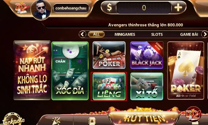 Người chơi kéo qua phải và chọn sảnh game Liêng