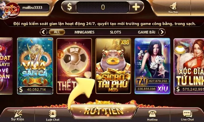 Chọn sảnh game Sicbo tài phú Zowin